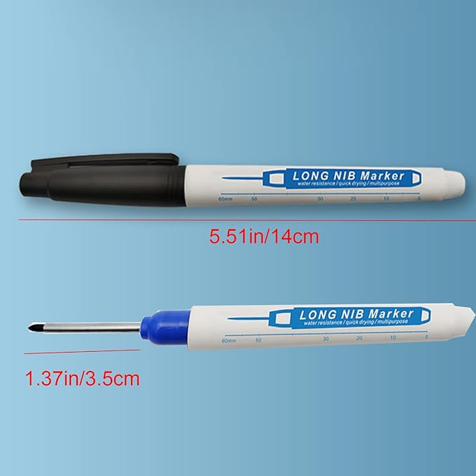 8pcs Waterproof Deep Reach Markers, Long Nose in 2mm Felt Tip, 30mm Reach Permanent Pens, Deep Hole Carpenter Ink for Builders Construction