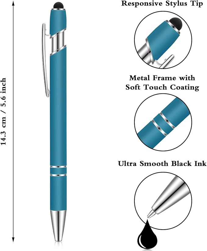 Tenare 12 Pieces 2 in 1 Stylus Metal Ballpoint Pen with Stylus Tip, 1.0 mm Black Ink Ballpoint Pen for Touch Screens(Blue-green)
