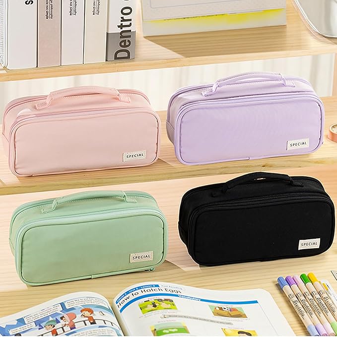 MAMUNU Pencil Case Large Capacity with 3 Compartments, Pencil Case Pouch Bag with Zipper Handle Portable Pen Stationery Organizer for Teen Girls Boys Adults College School Office Travel, Green