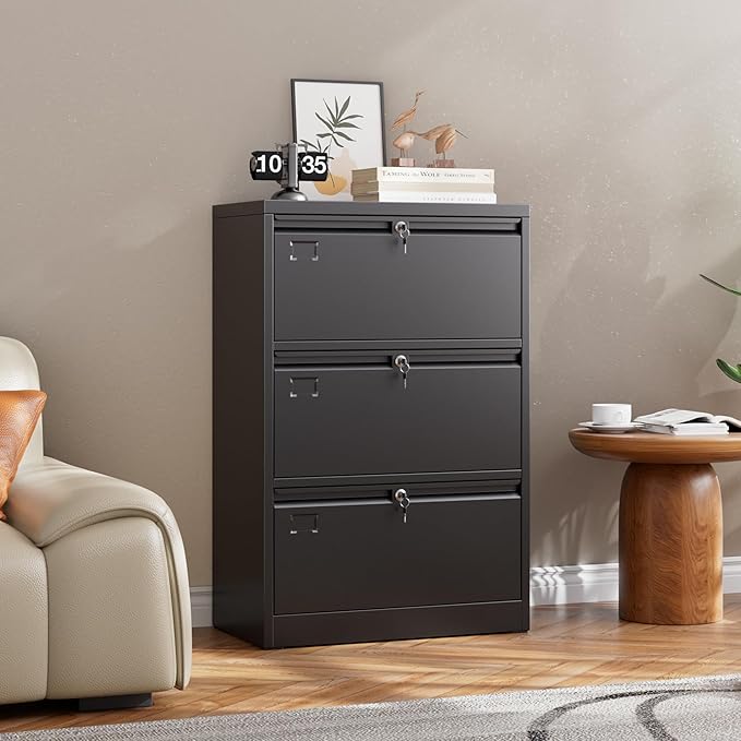 Aobabo 3 Drawer Wide Lateral File Cabinet, Metal Filing Cabinet with Lock, Suitable for Home Office School Hanging Files Letter/Legal/F4/A4 Size,Black,Required-Assembly,15.87" D x 28.94" W x 43.62" H
