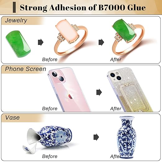 B7000 Glue Clear Adhesive, Jewelry Bead B-7000 Glue Semi Fluid Adhesive Glue High Viscosity with Precise Tips for Rhinestones Fabric, Glass, Jewelry Making, DIY Art Crafts, Leather, Toys (2x25ML)