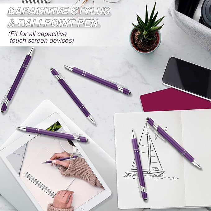 Tenare 12 Pieces 2 in 1 Stylus Metal Ballpoint Pen with Stylus Tip, 1.0 mm Black Ink Ballpoint Pen for Touch Screens(Purple and Silver)