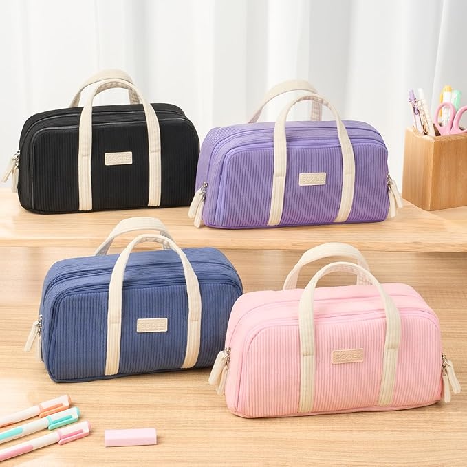 Sooez Large Pencil Case Pouch, Extra Big Pencil Bag with 5 Compartments, Pen Case Wide Opening, Soft Corduroy Pen Bag Organizer with Zipper, Cute Aesthetic School Supplies for Teen Girls, Purple