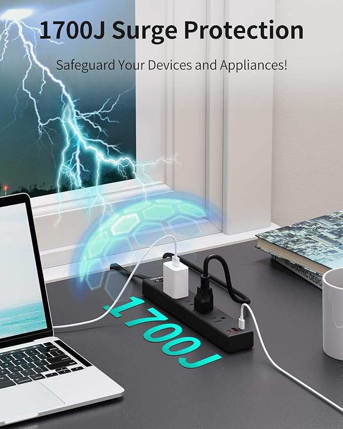 Power Strip Surge Protector, 2 Pack, 10 Ft Ultra Thin Flat Extension Cord, Surge Protector with 5 Outlets & 3 USB Ports (2 USB C), 1700 Joules, 3-Prong, Wall Mount for Home Office Dorm, Black