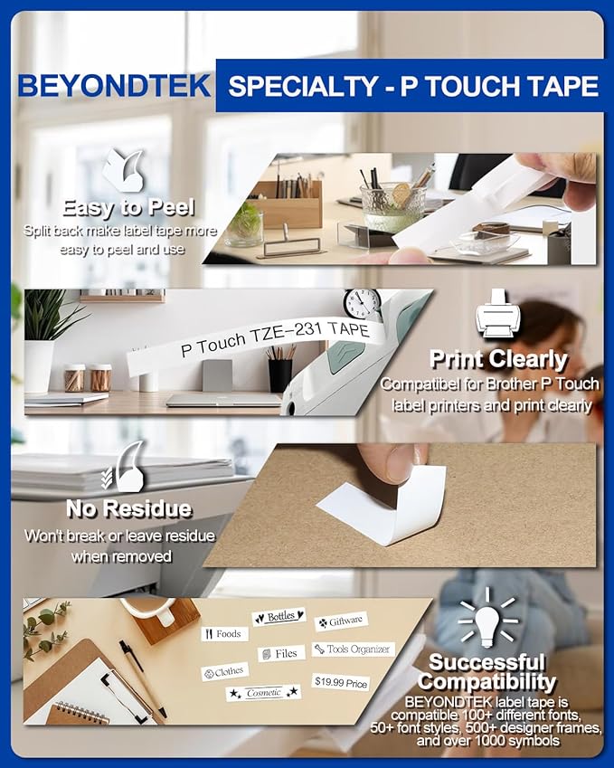 Tze-231 Tzc-231 Work with Brother P Touch Tape Refill PTH110 D210 D220 Tape Refill 12mm 0.47 Laminated White TZ-231 Compatible for Brother Cube H103w 1180 1280 1890 2040,Black on White 8m 26.2ft