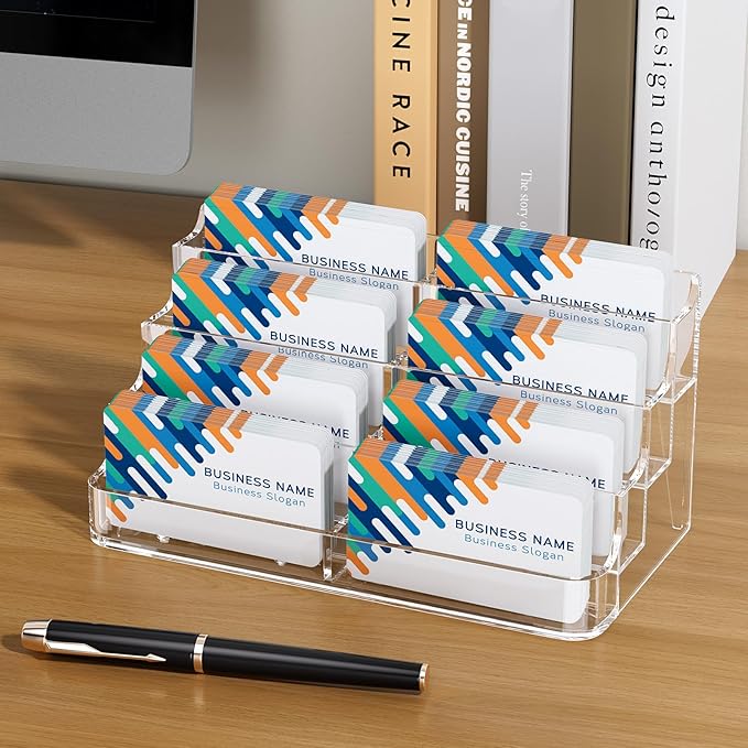 MaxGear Acrylic Business Card Holder for Desk Multiple Business Card Holders, Premium Cards Stand, Clear Plastic Cards Display Holder with 4 Tier for Exhibition, Home and Office, 8 Pocket, 4 Pack