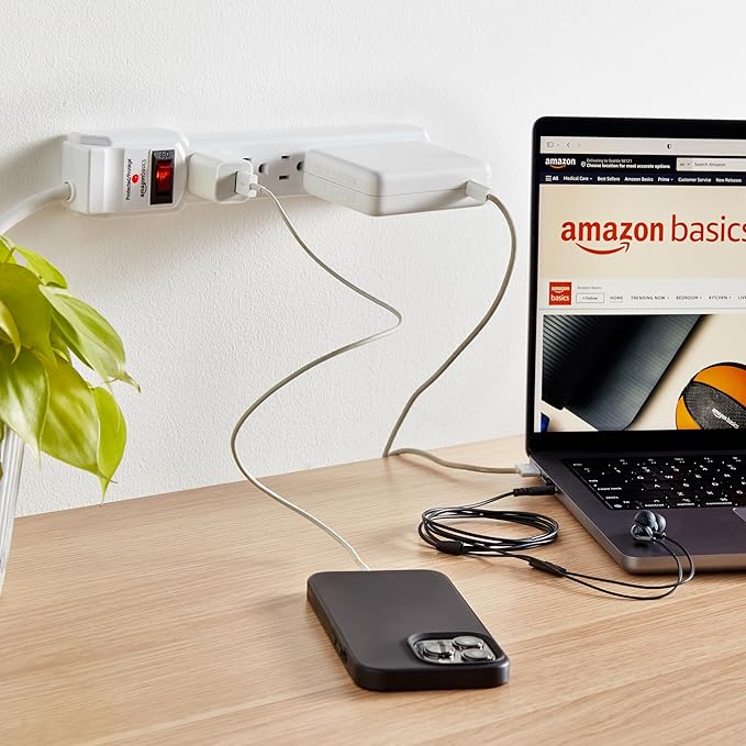 Amazon Basics Surge Protector Power Strip, 6-Outlet with 200J Protection, 2ft Extension Cord, Rectangle, White (2 Pack)