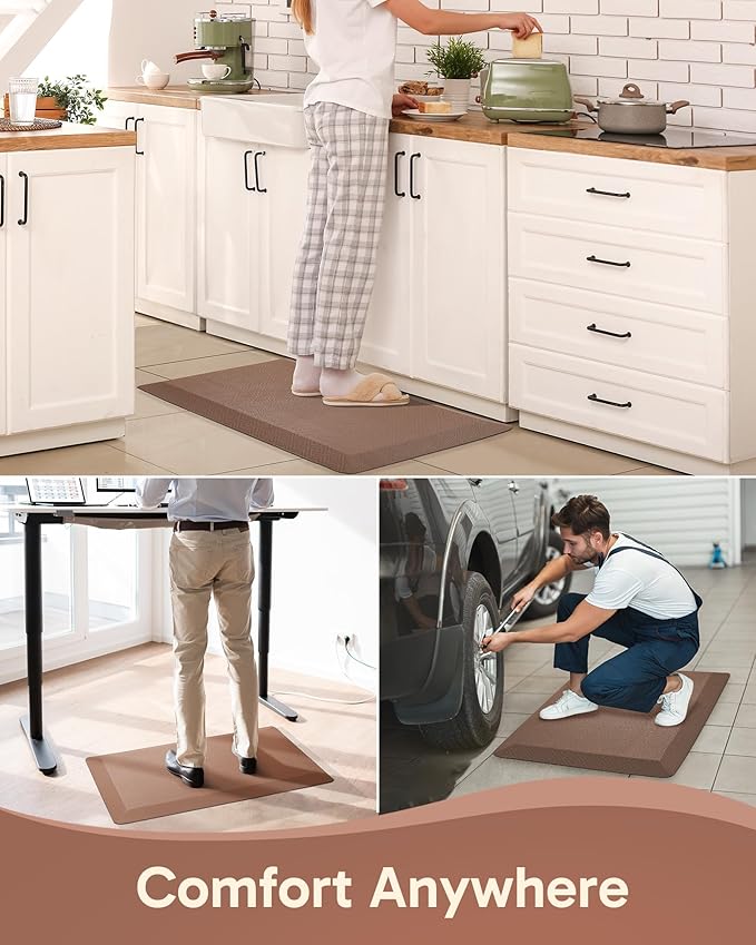 Ophanie Kitchen Mats for Floor, 9/10 Inch Thick Kitchen Rugs, Anti Fatigue Standing Cushioned Mat, Waterproof,Comfort Ergonomic Mat for Office, Home, Sink, 20''x32'' Brown Non-Slip Bottom