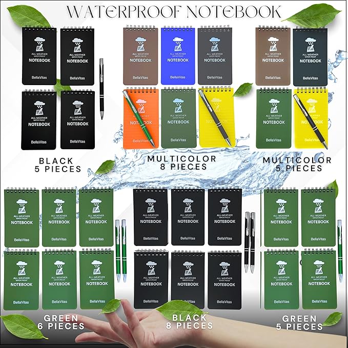 Waterproof 3x5 Notebook Pocket Notebook Small Spiral Notebooks Pocket Notepad Small Notepad 3x5 Pocket Notepad Police Notepad Tactical Notebook and All-Weather pen 6 Pack Green