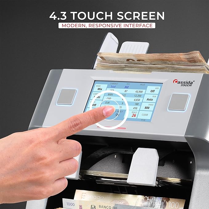 Cassida 9900R V2 2-Pocket Premium Bank Grade Money Counter Machine Mixed Denomination, Bill Sorter, Value Counting, Printer Enabled, 2 CIS, UV/MG, IR/IT Counterfeit Detection with Built-in Printer