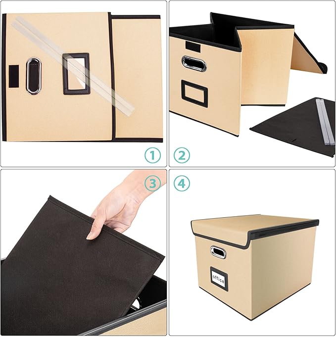 Huolewa File Organizer Box with Lid, Collapsible File Folder Organizer for Office Document Storage, Filing Box with Plastic Slide for Letter/Legal Size Hanging Files (Brown)