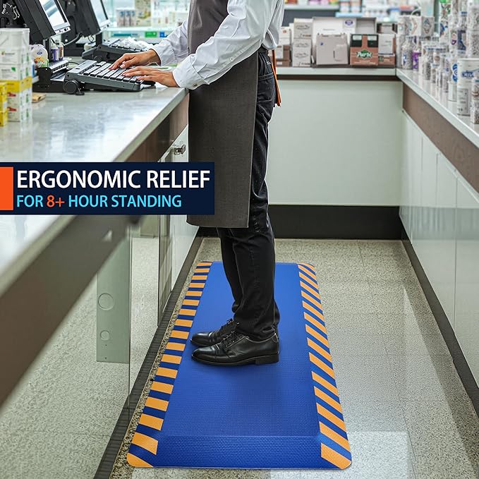 FEATOL Anti Fatigue Mat Industrial, Ergonomic Standing Floor Mat for Work for Stand, Blue with Yellow Border Safety 20" x 32"-Support for Leg & Back Pain