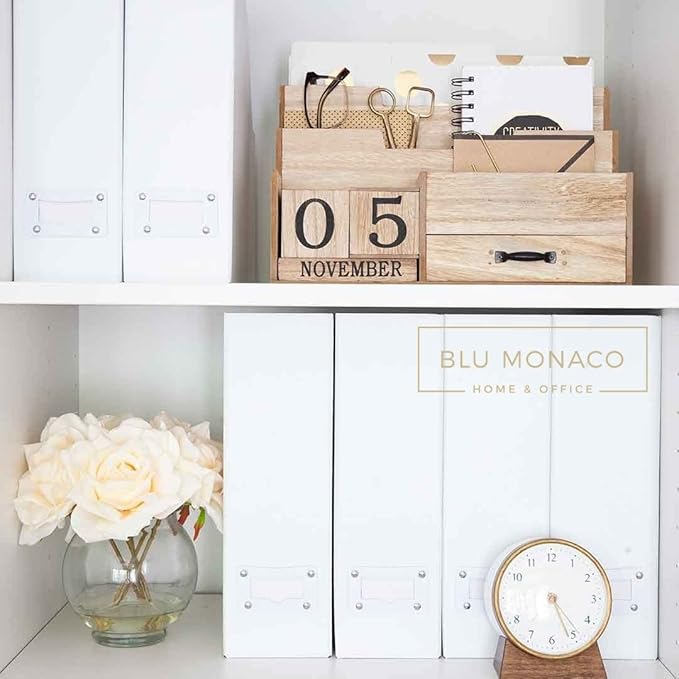 BLU MONACO Set of 6 Foldable White Magazine File Holder with White Leather Label Holders – Stylish Cardboard Desk Organizer Vertical File Organizers Magazine Storage for Workspace and Shelves