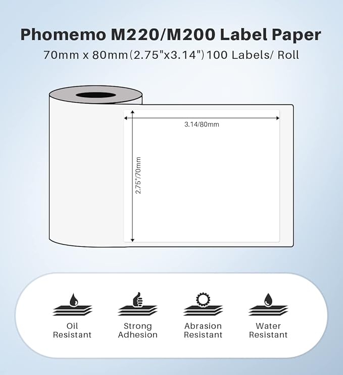 Phomemo M220/M250/M200/M221/M260 Thermal Label,Multi-Purpose White Self-Adhesive Label Sticker, 2.75" X 3.14" (70 * 80mm),Suitable for Address, Shipping, Small Business and More, 3 Rolls