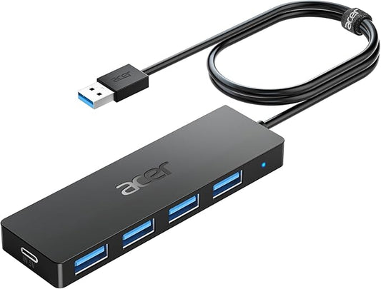 Acer USB Hub 4 Ports, Multiple USB 3.0 Hub, USBA Splitter for Laptop with Type C Power Port, Extender for A Port Laptop, PC, Desktop and More (4ft)
