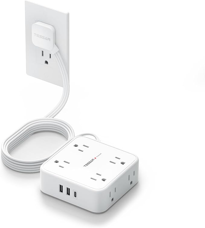 Flat Extension Cord, TESSAN Surge Protector Power Strip 5 FT with 8 Outlets 3 USB (1 USB C) Ports, 3-Sided Outlet Extender with 900J Surge Protection for Office Supplies, Dorm Room Essentials, White