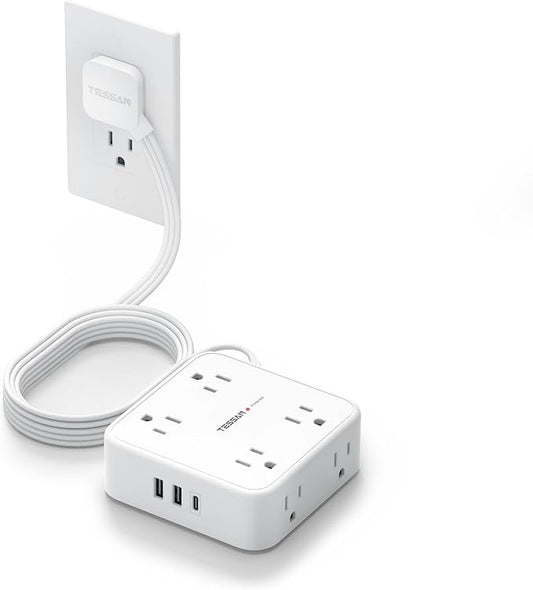 Flat Extension Cord, TESSAN Surge Protector Power Strip 5 FT with 8 Outlets 3 USB (1 USB C) Ports, 3-Sided Outlet Extender with 900J Surge Protection for Office Supplies, Dorm Room Essentials, White