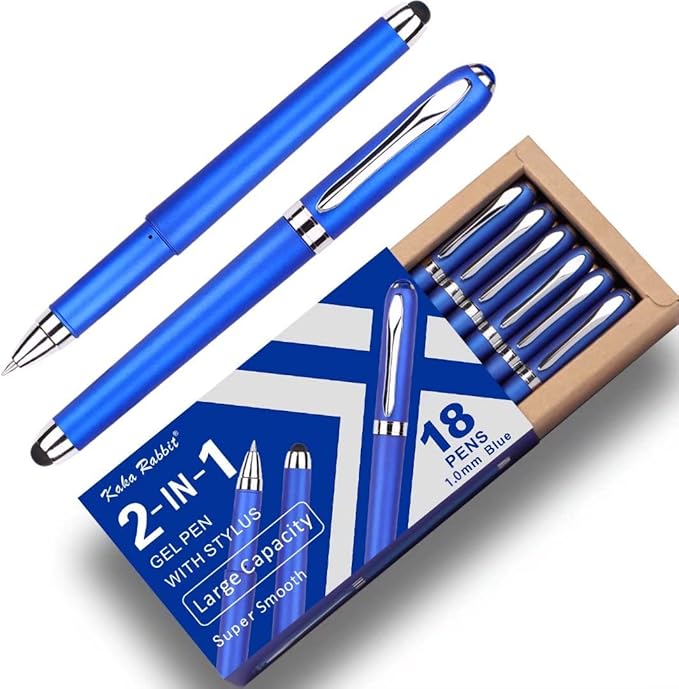 Gel Ink Rollerball Stylus Pen - 18 Pack, 1.0mm Bold Point, Blue Ink, Writing Smoothly for Office, Business, Gift, Metal Silver Clip