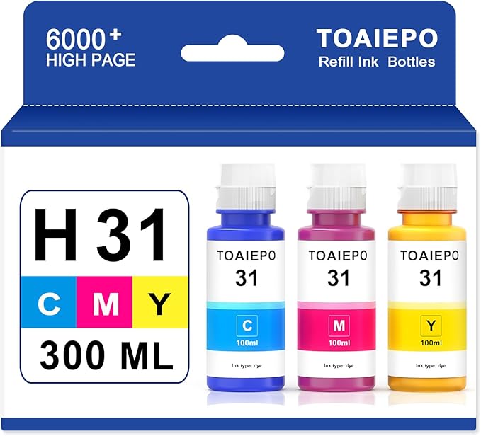 31 Refill Ink Bottles Replacement for H31 Ink Compatible with HP Smart Tank 7602 Ink Refill,Work for HP Smart Tank 5101 7001 7301 Ink Tank Printer