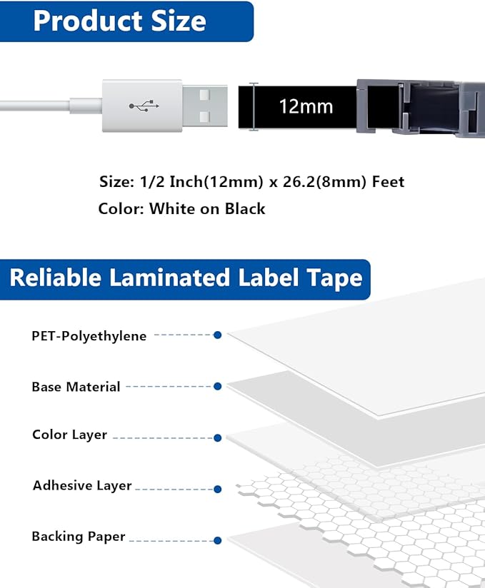 3-Pack Tze 12mm 0.47 Inch Laminated White on Black Compatible with P Touch Label Tape TZ TZe-335 TZe335 Refills for Ptouch PT-H110 D200 D210 D220 D400 PT-D600 Label Maker