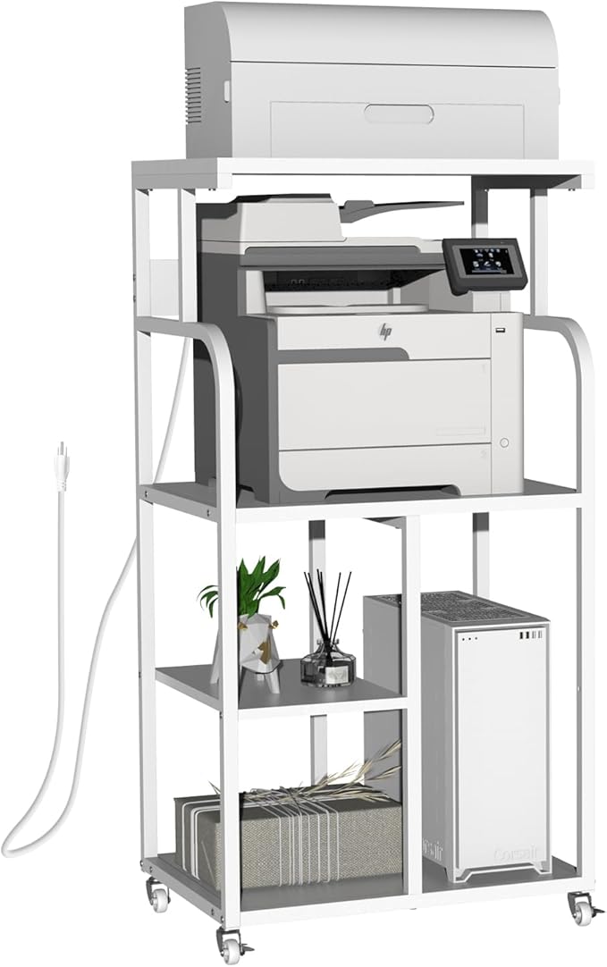 VEDECASA Mobile High Printer Stand with Power Outlet Charging Plugs USB Port Office Storage Shelf Includes Computer Tower CPU Stand Holder with Wheel (White)