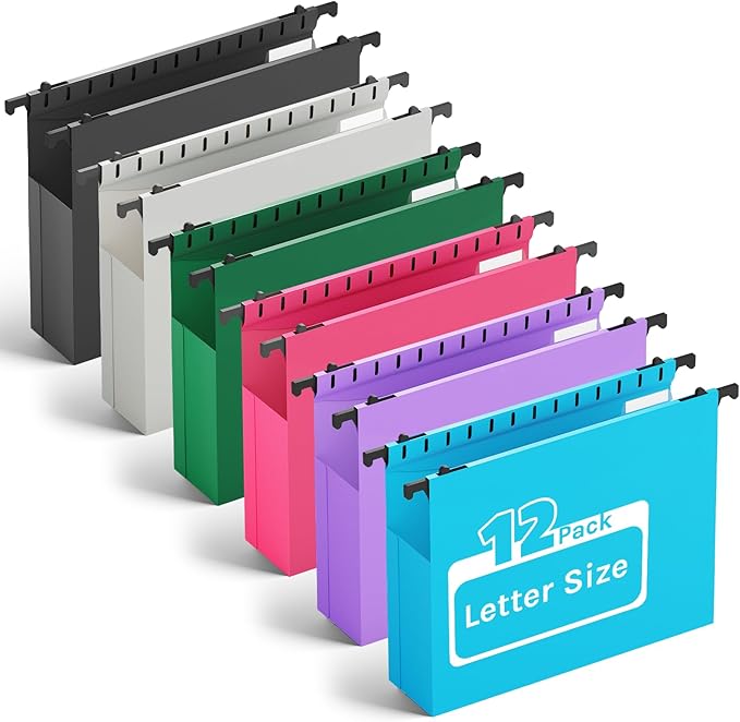 Plastic Hanging File Folders Letter Size,12 Pack Reinforced Expanding Hang Folder,Accordian Pocket,Extra Capacity,Heavy Duty 2 Inch Expansion,Hanging Folder Organizer for Office Home,Colored Folders