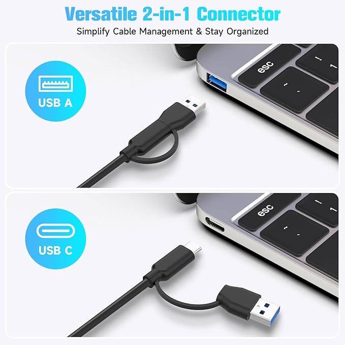 RSHTECH 7-Port Powered USB 3.2/USB-C Hub Splitter with 3 x 10Gbps USB-3.2 Ports (2C + 1A),4 USB-3.0 Ports (2C + 2A), 3.3ft Cable, Touch Switches, and 5V Power Adapter for Laptop PC