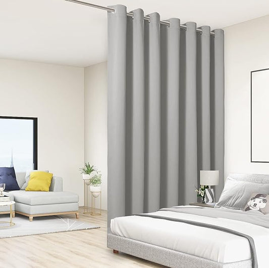 BONZER Room Divider Curtain Total Privacy Wall Extra Wide Grommet Room Darkening Curtains for Patio Sliding Glass Door, 96L x 150W Inch (8L x 12.5W ft), 1 Panel, Silver