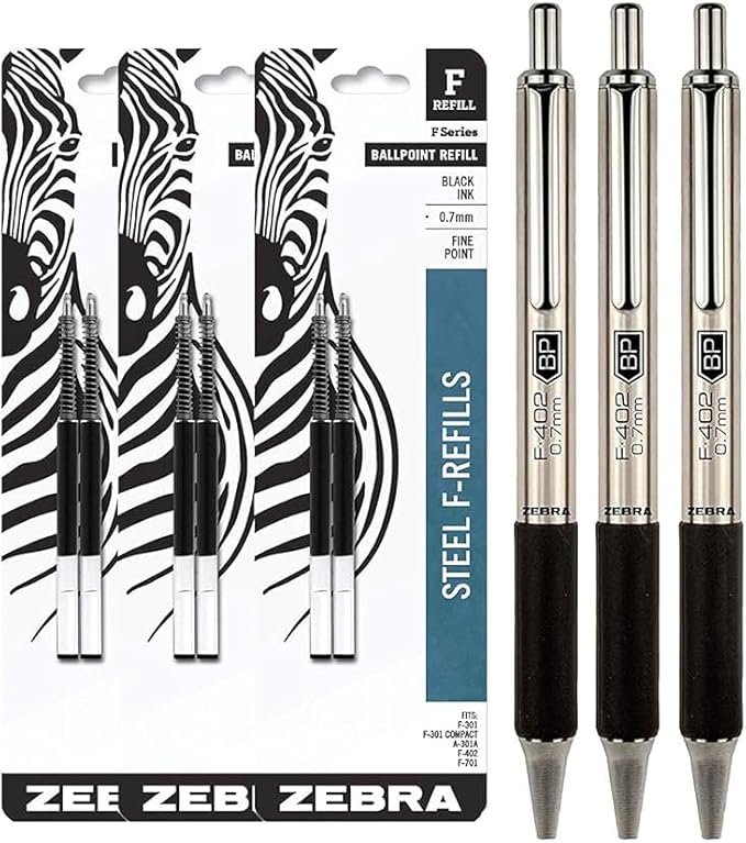 Zebra F-402 Ballpoint Stainless Steel Retractable Pens With Refills, Fine Point, 0.7mm, Blue Ink, 6-Count Bundle with Plastic Reusable Pouch