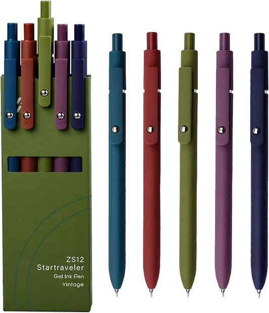 Gel Pens, 5 Pcs 0.5mm Fine Point Smooth Writing Pens Cute Pens, High-End Series Black Ink Pens for Journaling Note Taking, School Office Supplies for Women Men (5 Pcs Vintage)