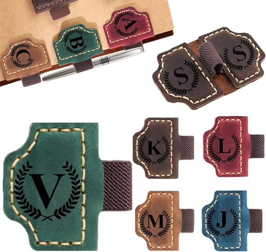 Custom Bookmark with Pen Holder with 26 Letters Personalized Magnetic Leather Book Mark, Customized Name Book Marker Clip with Initial for Men Women, Gifts for Book Lovers, Readers, (Green, V)