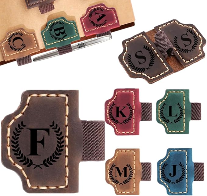 Custom Bookmark with Pen Holder with 26 Letters Personalized Magnetic Leather Book Mark, Customized Name Book Marker Clip with Initial for Men Women, Gifts for Book Lovers, Readers, (Coffee, F)