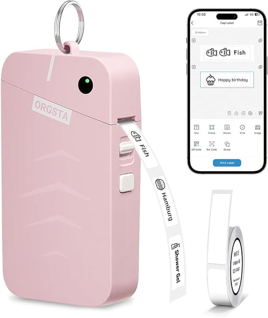 ORGSTA S001 Label Maker Machine with Tape, Portable Bluetooth Label Maker for Home and Office Organization, Thermal Label Printer Mini Sticker Maker with Multiple Templates, Pink
