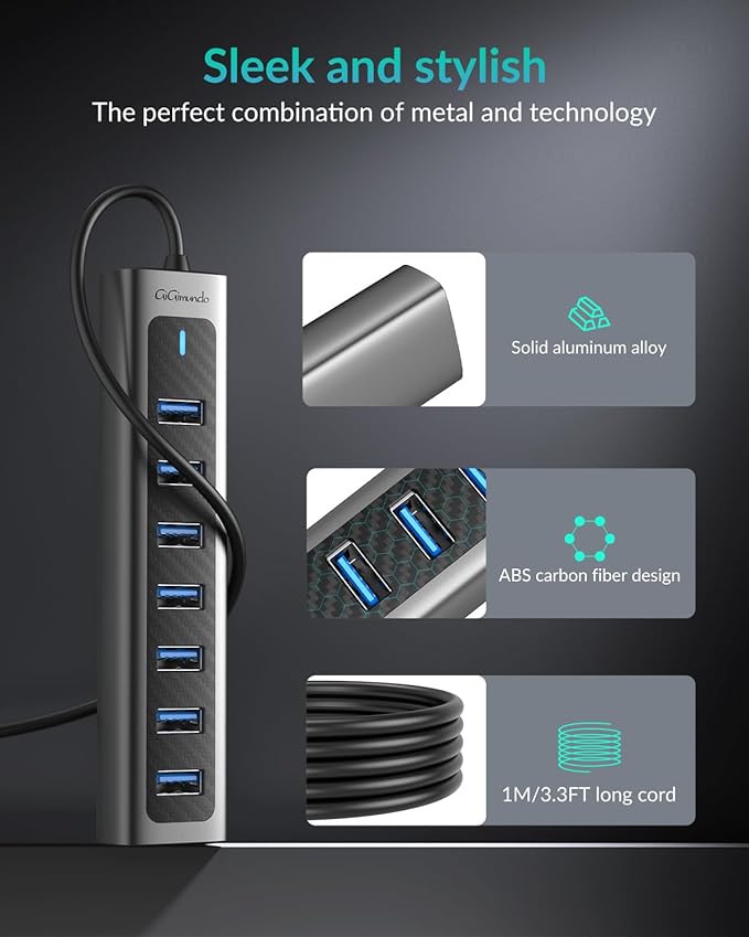 GM7U 7-Port USB 3.0 Hub, 3.3FT Long Cable, Aluminum, High-Speed, Multi Port Extender Hub, External Expansion Data Hub for PC Laptop, Desktop Computer, Older Mac, Black Grey