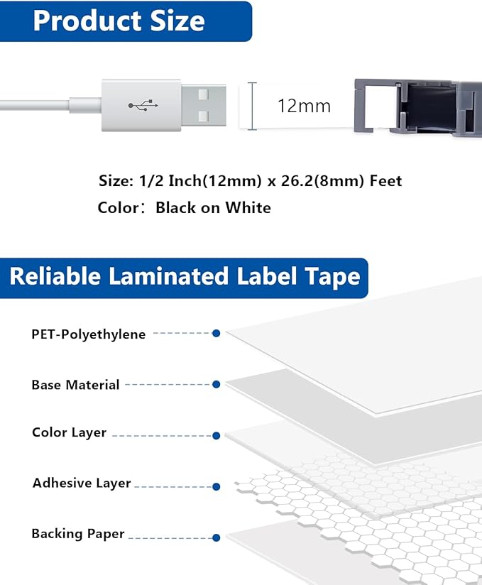 20-Pack Compatible with P Touch PT-D220 Label Maker Tape for TZe 12mm 0.47 Inch Label Tape Laminated White 1/2 Work with P Touch PT-H110 D210 D220 D400 D600, Black on White