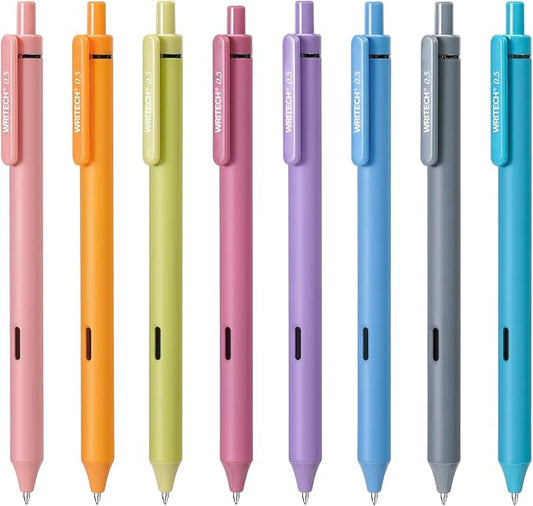 WRITECH Fine Point Gel Pens: 8ct 0.5mm Multi Colored Ink Colors Retractable Pen for Smooth Writing Note Taking Journaling Assorted Coloring No Bleed & Smear & Smudge (Vintage Set)