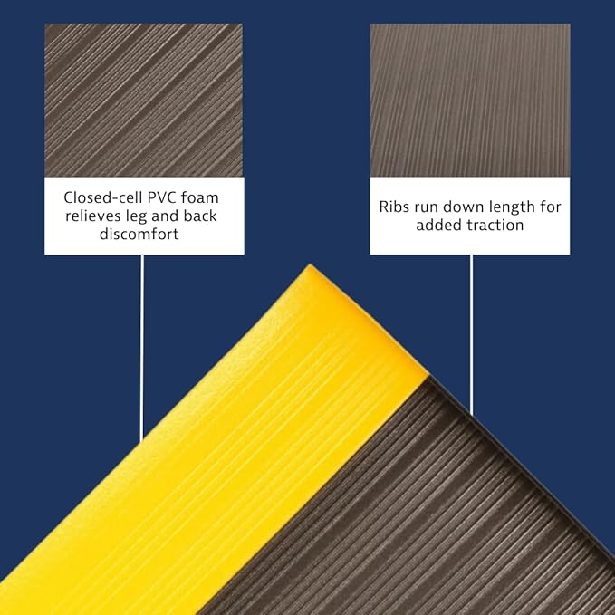Notrax 410 Airug® 2' x 60' x 3/8" Anti Fatigue Mat, Enhanced Slip Resistance with Beveled Edges and Ribbed Surface, Ideal for Industrial and Commercial Workplaces, Black/Yellow, 410R0324BY
