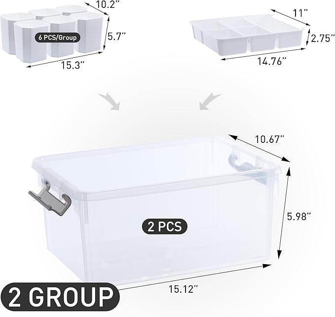Citylife 17 QT Plastic Storage Box with Removable Tray and 6 Detachable Tall Inserts Craft Organizers and Storage Clear Storage Container for Organizing Crayon, Craft, Sewing, Playdoh, 2 Packs