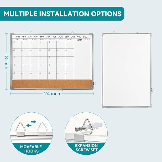 Calendar Whiteboard for Wall,24" x 18" White Board Calendar Dry Erase with Silver Aluminum Frame,Double Side Wall Hanging Board for Office,Home,Kitchen