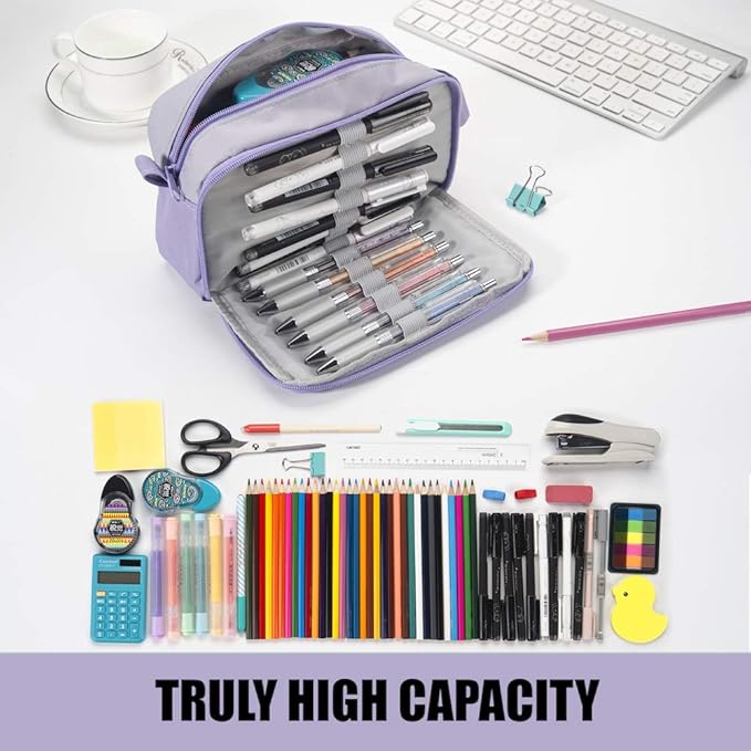Sooez High Capacity Pencil Case, Big Pencil Bag Pouch Box Organizer Pen Case, Portable Journaling Supplies with Easy Grip Handle & Loop, Asthetic Supply for Girls Adults, Purple