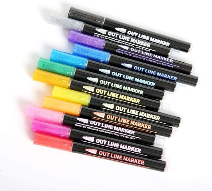 Double Line Outline Metallic Markers,Super Squiggles Shimmer Markers Pen,12 Colors Self-Outline Metallic Markers Glitter Writing Drawing Pens for Christmas Card Writing,Posters,DIY Art Crafts