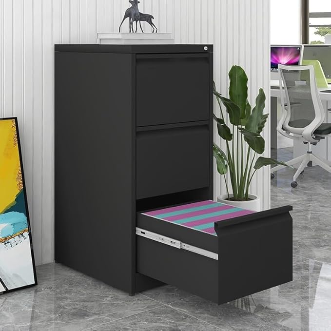 3 Drawer File Cabinet with Lock, Vertical File Cabinets for Home Office, Metal Filing Cabinets, Heavy Duty Steel Lockable Filing Storage Cabinet for Letter/Legal/A4/F4 Size Files, Black