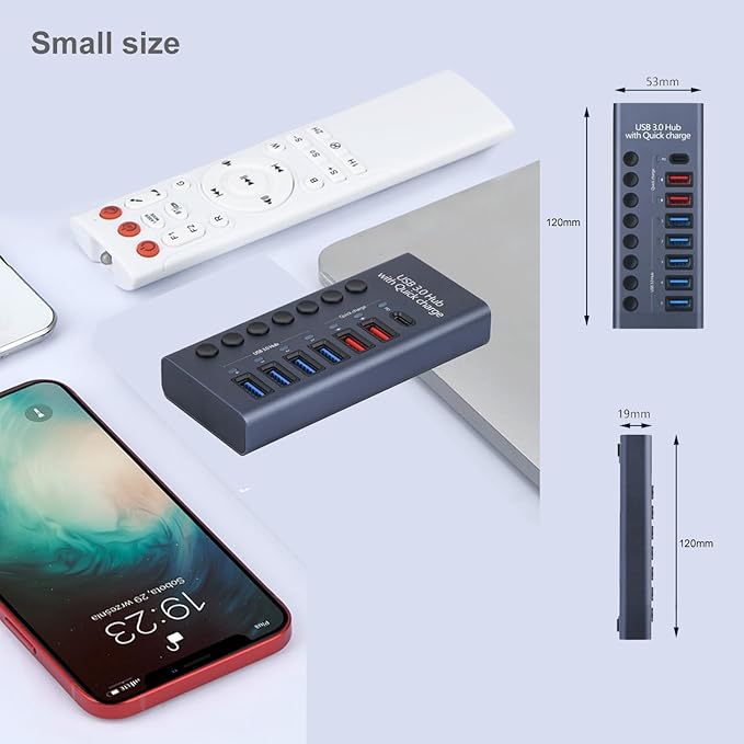 MaxLax Aluminum 7 Ports USB 3.0 hub with Charging Function, 36W (12V/3A) Power Adapter,Individual Power swiches
