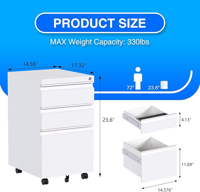 3 Drawer Mobile File Cabinet with Lock, Under Desk Metal Filing Cabinet for Hanging Files Letter/Legal/A4 Size for Home Office, Fully Assembled Except Wheels, White