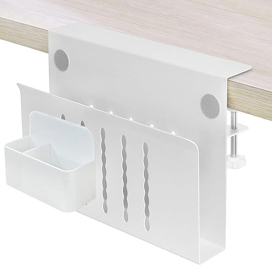 Desk Side Storage, Under Desk Laptop Mount, Table Side Hanging File Organizer, No Drill Clamp On Cable Management Tray, Laptop Holder with Magnetic Pen Holder for Office and Home