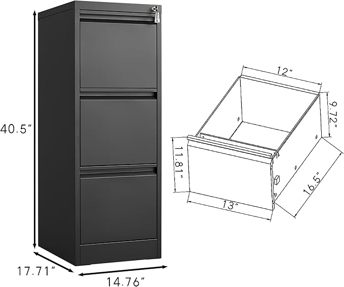 3 Drawer File Cabinet with Lock, Vertical File Cabinets for Home Office, Metal Filing Cabinets, Heavy Duty Steel Lockable Filing Storage Cabinet for Letter/Legal/A4/F4 Size Files, Black