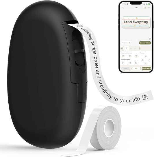 SUPVAN E10 Bluetooth Label Maker Machine with Tape, Continuous Waterproof Label, Versatile App with 35 Fonts and 1k+ Icons, Inkless Labeler for Home, Kitchen, School, Office Organization, Black