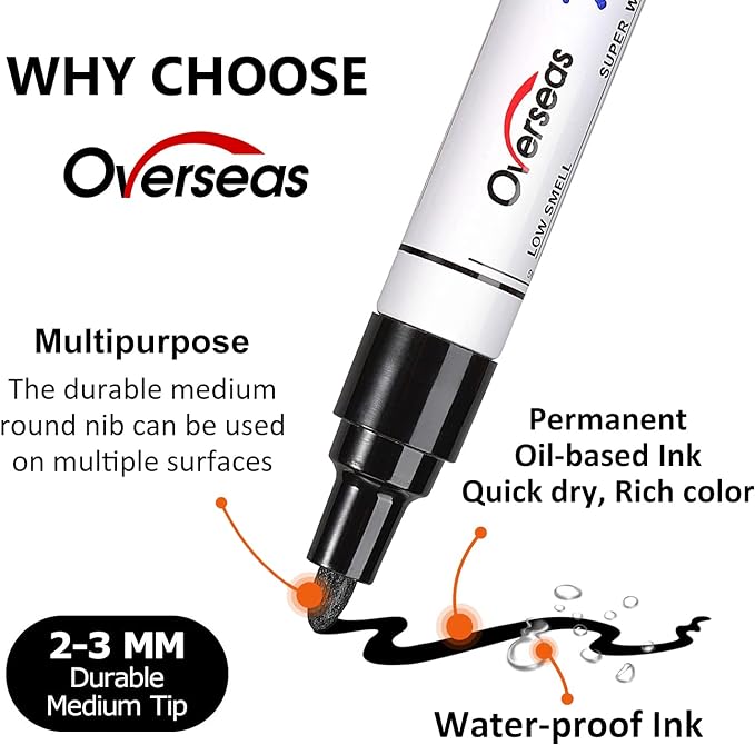 Overseas Permanent Paint Markers Pens - 3 Pack Blue Oil Based Paint Pens, Medium Tip, Quick Drying and Waterproof Marker Pen for Metal, Rock, Wood, Fabric, Plastic, Canvas, Mugs, Stone, Glass