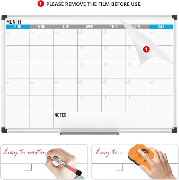 XBoard Magnetic Calendar Whiteboard 36" x 24" - Monthly Calendar Dry Erase Board, Reusable Colorful Calendar Board, Silver Aluminium Framed Monthly Planning Board