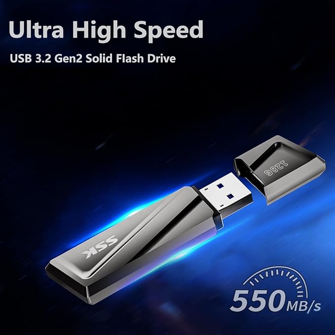 SSK 128GB USB Flash Drive 550MB/s USB 3.2 Gen2 USB Thumb Drive Fast Transfer Speed Externel Solid State Drive +USB C Adapter USB C Memory Stick for Type C Smartphone,MacBook/Pro/Air Laptop and More